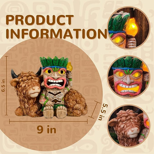 Funny Tiki Highland Cow Solar Garden Statue with LED Light - Outdoor Yard Lawn Patio Decor - Great Birthday Housewarming Gift for Women, Mom, Grandma