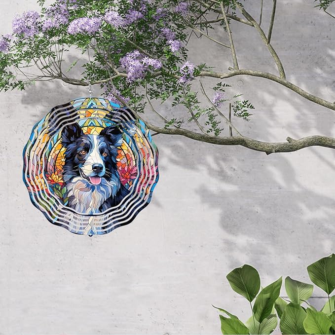 Border Collie Wind Spinner Pet Dog Memorial Gifts 3D Aluminum Metal Kinetic Hanging Wind Sculpture Spinners for Yard and Garden Indoor Outdoor Window Garden Decoration 8 Inch (Border Collie 1)