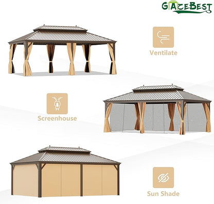 14'x20' Hardtop Gazebo Outdoor Aluminum Patio Gazebo Double Roof Galvanized Steel Canopy with Netting and Curtains for Garden, Backyard,Deck and Lawns