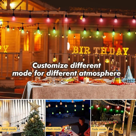 Auroraworld 48FT RGB Outdoor String Lights, Dimmable Color Changing Waterproof LED Patio Lights with Remote, 15 Shatterproof Bulbs for Porch Balcony Garden Party Decor