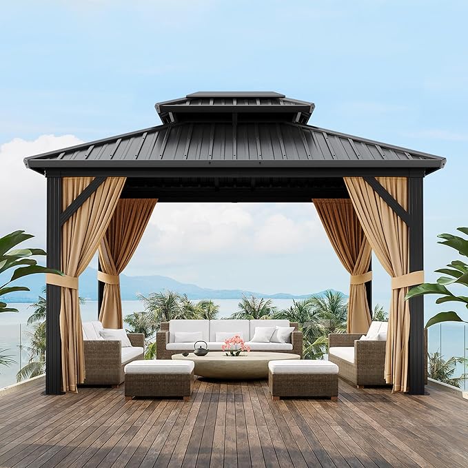 10x12 ft Hardtop Gazebo with Double Roof, Outdoor Heavy Duty Aluminum Gazebo with Netting, All-Weather Protection Metal Canopy for Patio, Garden, Poolside, Poolside (Khaki)