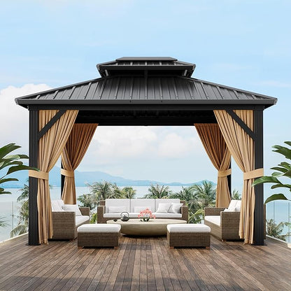 10x12 ft Hardtop Gazebo with Double Roof, Outdoor Heavy Duty Aluminum Gazebo with Netting, All-Weather Protection Metal Canopy for Patio, Garden, Poolside, Poolside (Khaki)