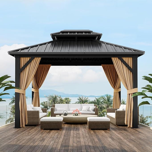 10x12 ft Hardtop Gazebo with Double Roof, Outdoor Heavy Duty Aluminum Gazebo with Netting, All-Weather Protection Metal Canopy for Patio, Garden, Poolside, Poolside (Khaki)