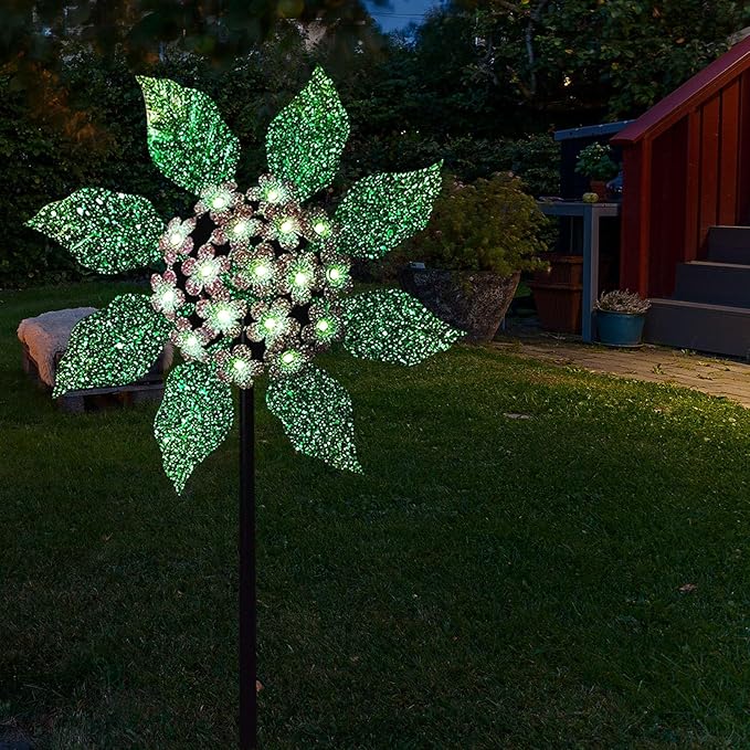 Solar Glow Garden Wind Spinner Outdoor, 13" W Flower Metal Wind Spinner & Sculptures with Fluorescent Coating, Kinetic Windmill for Yard Lawn Patio Decor, Pink