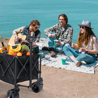 FUNDANGO 600lbs Heavy Duty Wagon, Foldable Beach Collapsible Wagons Garden Cart with Brakes, Side Pockets & All-Terrain Big Wheels for Sports Camping Shopping Groceries, Black