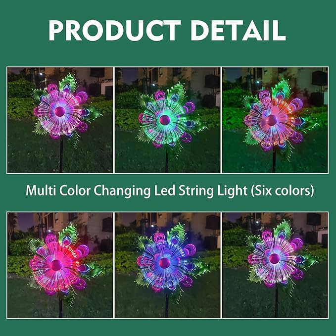 Solar Peacock Wind Spinners for Yard & Garden - 40 Inch Metal Wind Sculpture, Kinetic Windmill with Multi Color LED Lights, Lawn & Patio Art Decor
