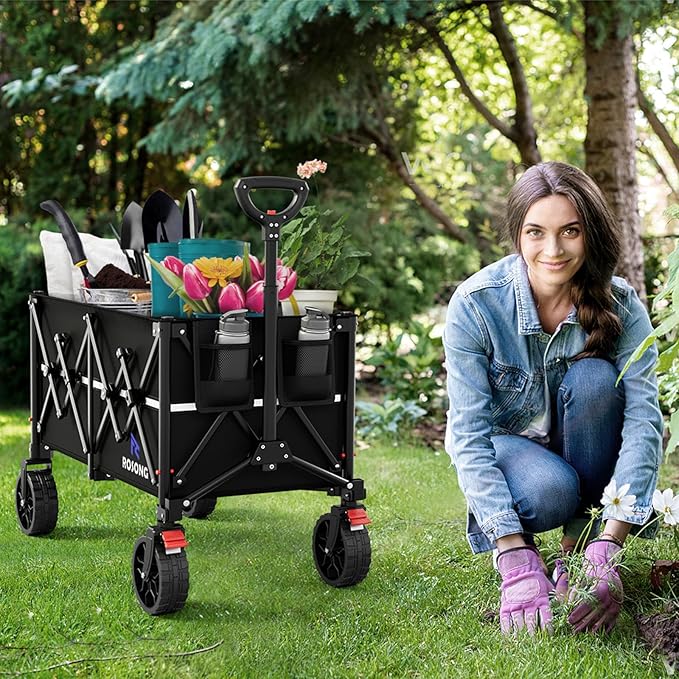 Collapsible Wagon Cart with Wheels Foldable - Folding Utility Heavy Duty Wagons Carts for Grocery Sports Garden Shopping Camping Wheelbarrows (Black, 150L)