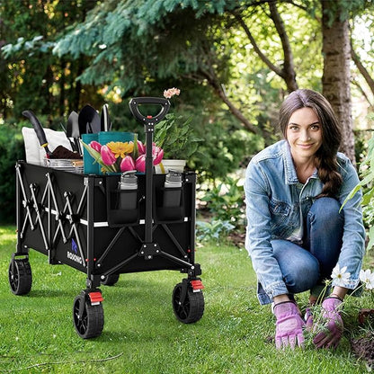 Collapsible Wagon Cart with Wheels Foldable - Folding Utility Heavy Duty Wagons Carts for Grocery Sports Garden Shopping Camping Wheelbarrows (Black, 150L)
