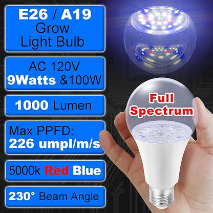 LED Grow Light Bulb for Indoor Plant 9W A19 Plant Light Bulb for Winter with 5000K Red Blue 100W Equivalent Full Spectrum E26 Grow Light Bulb for Seed Starting, Flowers, Hydroponic, Succulents, 3 Pack