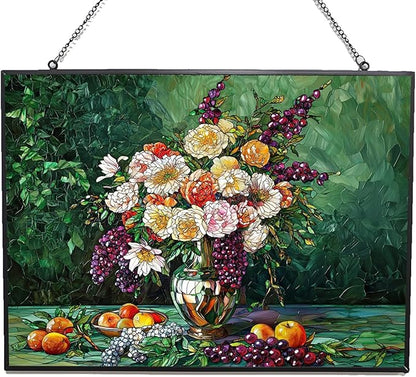 Customized Rectangle Flower Vase with Fruit Stained Glass Window Hangings, Handcrafted Stained Glass Suncatchers, Gift for Cat Lovers Nature Lovers 15"x11"
