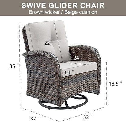 2 in 1 Porch Glider Swivel Chair - Wicker Patio Furniture Outdoor Swivel Rocker Chair with Thick Cushions, 300 Lb Weight Capacity Patio Swivel Glider Seating - Brown Wicker, Beige Cushions
