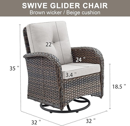 2 in 1 Porch Glider Swivel Chair - Wicker Patio Furniture Outdoor Swivel Rocker Chair with Thick Cushions, 300 Lb Weight Capacity Patio Swivel Glider Seating - Brown Wicker, Beige Cushions