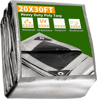 Yescom 20x30ft Heavy Duty Reinforced Poly Tarp Waterproof Tarpaulin 10-mil Ground Sheet Camping Tent Cover with Eyelets Reversible Silver Black Tarps