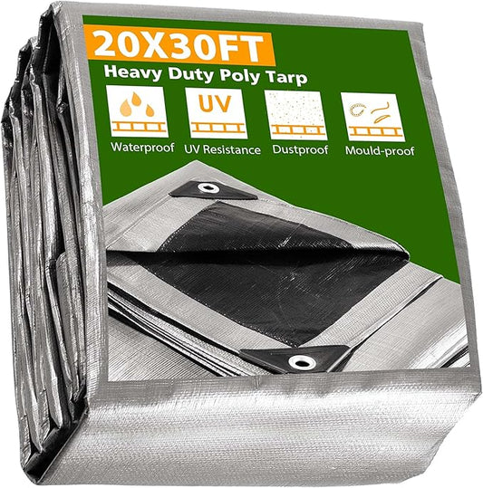 Yescom 20x30FT 14 Mil Heavy Duty Reinforced Poly Tarp Reversible Waterproof Tarpaulin Ground Sheet Cover Reversible Silver Black Tarps