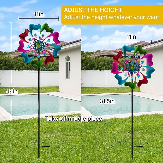45" Flowers Wind Spinners for Yard and Garden, Sapphire Colored Leaves Kinetic Wind Spinner Outdoor Decor, Wind Sculpture Yard Art Decorations for Patio, Lawn & Garden