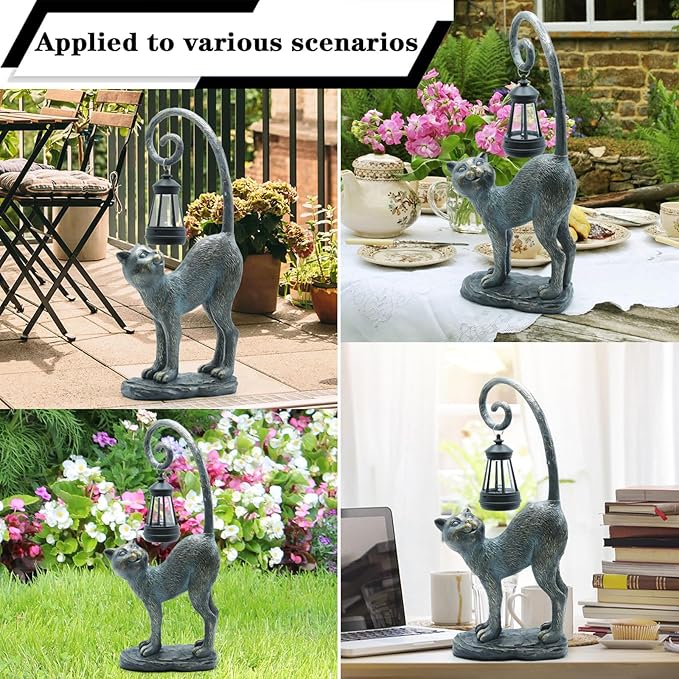 Solar Cat Outdoor Statues Halloween for Garden: Outdoor Decor Cat Figurine for Yard, Lawn, Patio, Porch, Balcony - Animal Art for Home Backyard - Birthday Gifts for Women Grandma Mom Sister