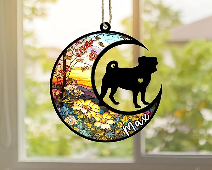 Personalized Dog Memorial, Custom Name Pug Dog Christmas Ornament with Name, Custom Breeds, Pet Loss Light Catcher, Gifts for Lovers Loss of Pet Sympathy on Mothers Day Christmas