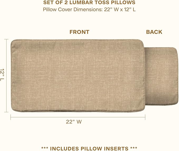 Honeycomb Outdoor Lumbar Pillow 2-Pack, 22 x 12, Hampton Texture Neutral Throw Pillows for Patio Furniture