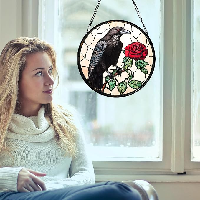 Stained Glass Window Hanging - Black Crow Red Rose Suncatcher for Doors Garden Patio Bird Sun Catchers Decor Christmas Mother's Day Birthday Gifts for Women Men Mom Nana Friend 6.3 in