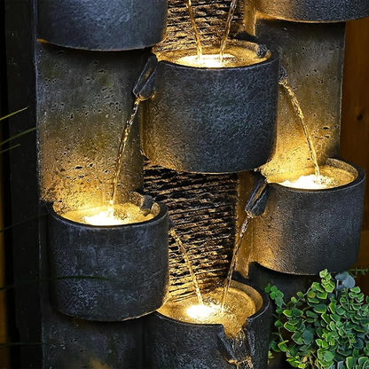 Outdoor Water Fountain Garden - Waterfall Large Water Feature Fountains with LED Lights & Pump, Concrete Artistry for Patio Yard Pool Home Decor, (45 inches Tall, Gray)