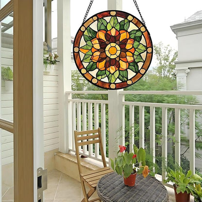 Stained Glass Window Hanging - Yellow Green Boho Style Flowers Sun Catcher for Door Garden Home Decor Suncatcher Christmas Mother's Day Birthday Gifts for Women Mom Girl Nana Friend 15 in