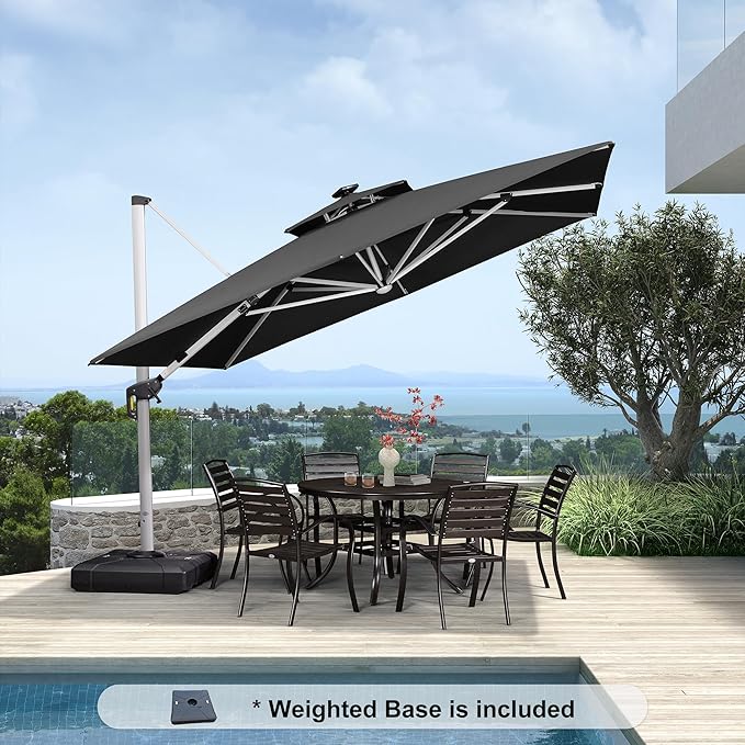 PURPLE LEAF 11 Feet Solar Powered LED Square Cantilever Umbrella With Base Patio Umbrellas Windproof Hanging Umbrella Outdoor Offset Umbrellas, Black