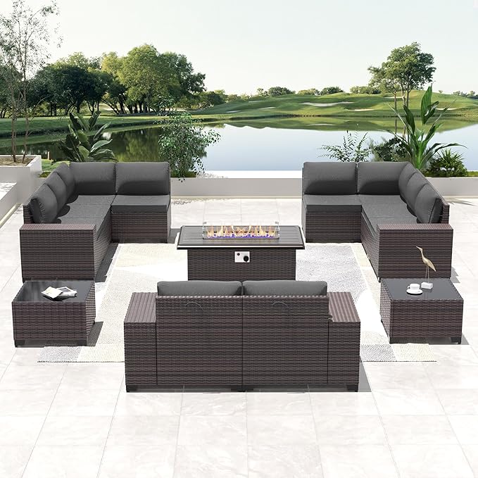 Outdoor Patio Furniture Set with Propane Fire Pit Table, 13 Pieces Outdoor Furniture Patio Sectional Sofa Conversation Sets w/ETL Approved 43" Gas Outdoor Fire Table & Coffee Table (Grey)
