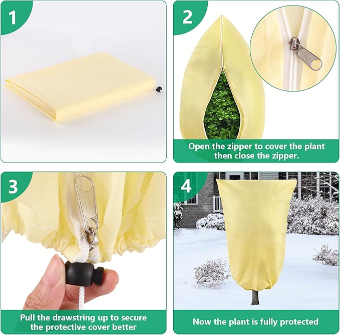 Plant Covers Freeze Protection, 2 Pack 47''× 71'' Beige Frost Cloths Blankets with Zipper Drawstring Shrub Tree Covers for Winter Outdoor Plants Freeze Protection