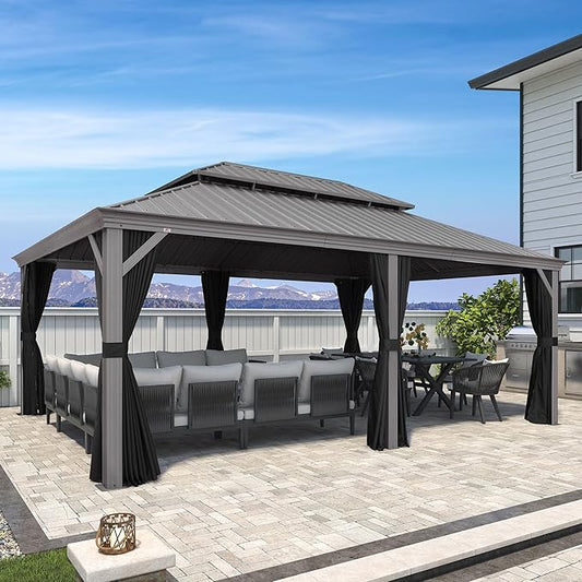 PURPLE LEAF 14' x 20' Outdoor Hardtop Gazebo with Netting and Curtains Galvanized Steel Double Roof and Aluminum Frames Permanent Wind Resistance Pavilion Gazebo for Patio Deck Garden, Light Grey
