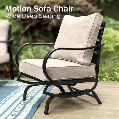 PHI VILLA 6 Piece Patio Furniture Sets with 1 x 3 Seater Padded Deep Seating Bench, 2 x C-Base Cushioned Sofa Chairs, 2 x Leg Sofa Chairs and 1 x Coffee Table, Outdoor Metal Furniture Set for 7