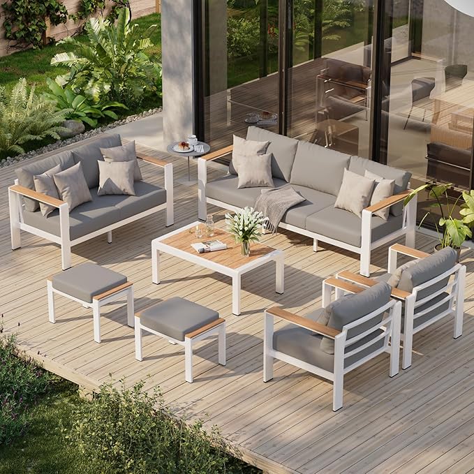 Aluminum Outdoor Patio Furniture Set with Coffee Table, 7 Piece Patio Conversation Sets with Thick Cushion, Ottomans, Patio Sectional Furniture Set for Porch, Balcony, Deck, Yard, White