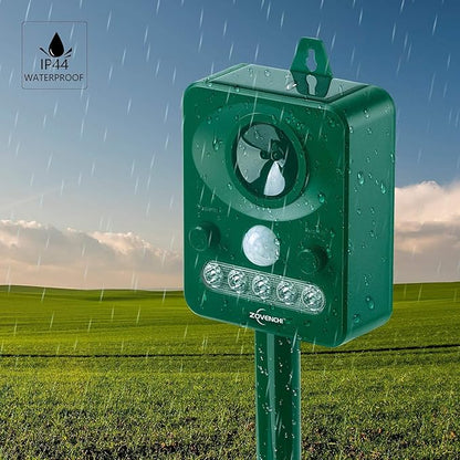 Ultrasonic Animal Deterrent with Flashing Strobe Light, Solar Powered Outdoor Repeller for Raccoons, Cats, Deer, Squirrels, Motion-Activated, Humanely Protects Garden & Lawn.