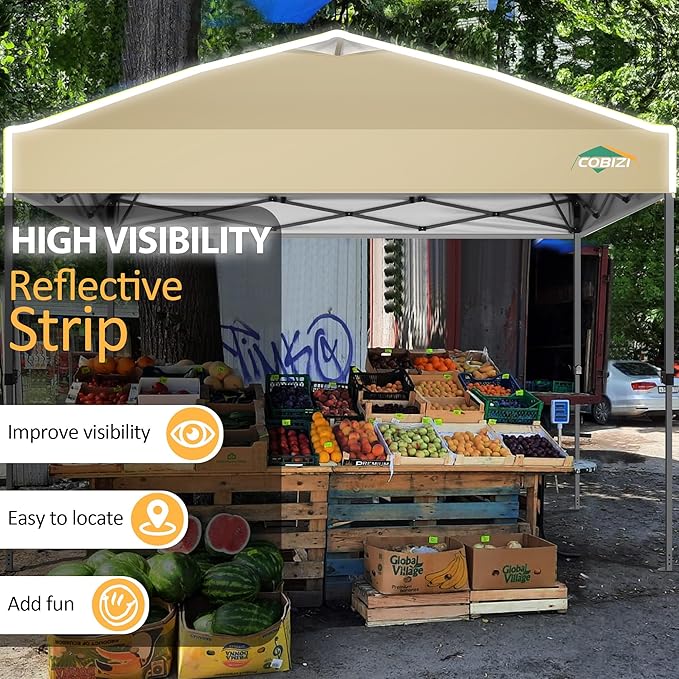 COBIZI Canopy 10x10 Pop Up Canopy Tent 1-Button Push Easy up Outdoor Canopy Instant Portable Commercial Shelter Waterproof UPF50+ Gazebo with Reflective Strip, Air Vent & 4 Sandbags,Khaki