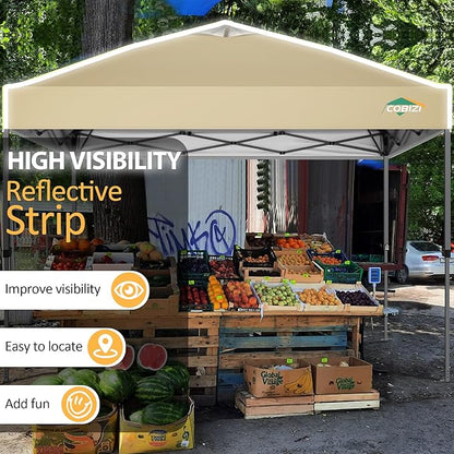 COBIZI Canopy 10x10 Pop Up Canopy Tent 1-Button Push Easy up Outdoor Canopy Instant Portable Commercial Shelter Waterproof UPF50+ Gazebo with Reflective Strip, Air Vent & 4 Sandbags,Khaki