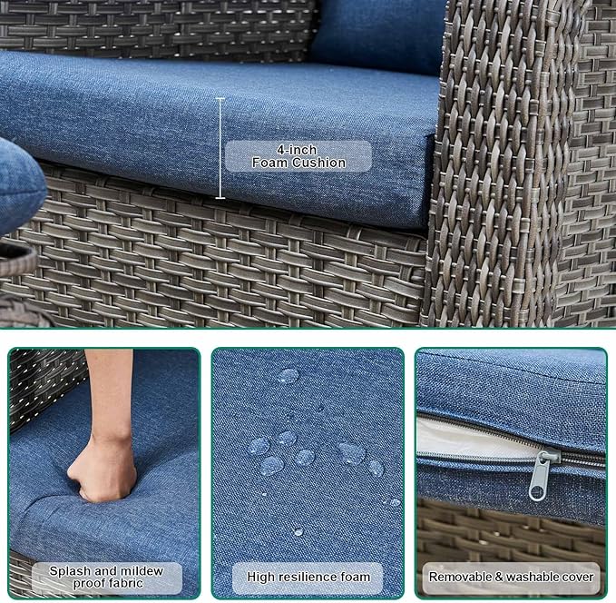 Patio Glider Swivel Rocker Sets: 5piece Patio Furniture Sets, 360° Swivel Rocking Chairs with Ottoman, Rust-Resistant Cushion -Perfect for Backyard/Deck/Porch/Balcony Decors- Gray Wicker,Blue Cushion