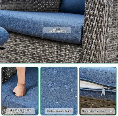 Patio Glider Swivel Rocker Sets: 5piece Patio Furniture Sets, 360° Swivel Rocking Chairs with Ottoman, Rust-Resistant Cushion -Perfect for Backyard/Deck/Porch/Balcony Decors- Gray Wicker,Blue Cushion