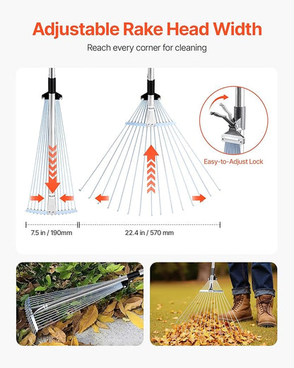 VEVOR Leaf Rake, 15 Metal Tines, Adjustable Garden Rake for Lawns with 7.5-22.4 Inch Wide Head & 32-63 Inch Long Handle, Heavy Duty Stainless Steel Small Leaves Tool for Gardening Camping Yard Grass