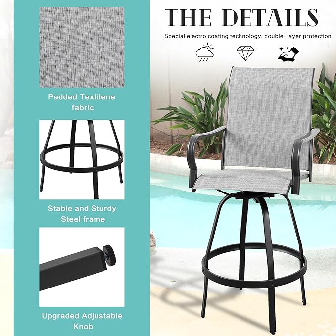 Vongrasig 6 Piece Patio Swivel Bar Chairs, All Weather Metal Textile High Swivel Bar Stools Chairs, Outdoor High Top Bistro Set for Backyard, Lawn Garden, Balcony, Light Grey