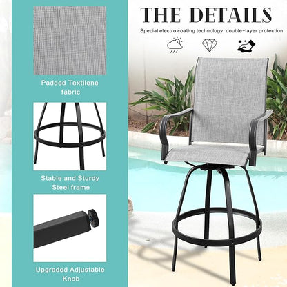 Vongrasig 4 Piece Patio Swivel Bar Chairs, All Weather Metal Textile High Swivel Bar Stools Chairs, Outdoor High Top Bistro Set for Backyard, Lawn Garden, Balcony, Light Grey