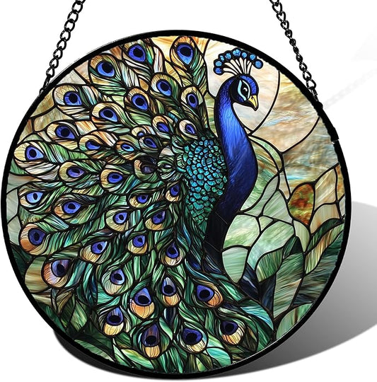 Stained Glass Window Hanging, Turquoise Peacock Sun Catcher for Door Home Decor Blue Green Suncatcher Christmas Mother's Day Birthday Gifts for Women Men Mom and Nana 7.8 in