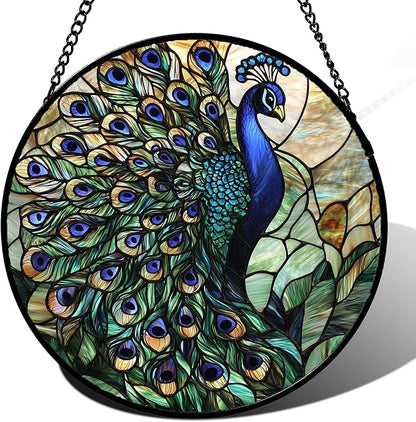 Stained Glass Window Hanging, Blue Green Peacock Decor Suncatcher for Door Garden Home Decoration Bird Sun Catchers Christmas Mother's Day Birthday Gifts for Women Men Mom Nana Friend 6.3 in