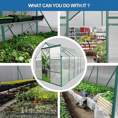 Favfurish 6x12 FT Greenhouse, Outdoor Polycarbonate Hot House, Garden Plants Green House with Raised Base, Sliding Door and Adjustable Vent Roof for Outdoor Patio, Green
