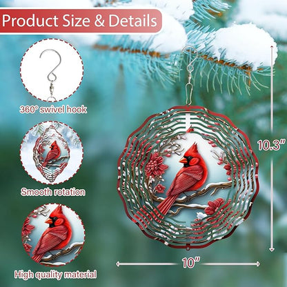 3D Cardinal Bird Wind Spinner 10 Inch Stainless Steel Metal Art Kinetic Sculpture Red Bird Hanging Ornament for Garden, Yard, Patio, and Home Décor Christmas Decor