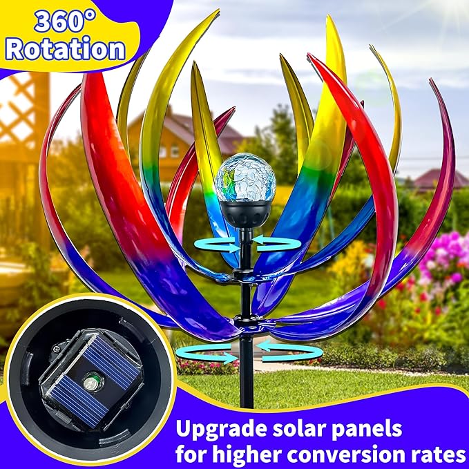 Wind Spinners Outdoor for Yard and Garden - Wind Sculptures & Spinners,70 Inch Wind Spinner with Solar Powered Multi-Color Glass Ball Light for Yard Garden Backyard Lawn Decorations