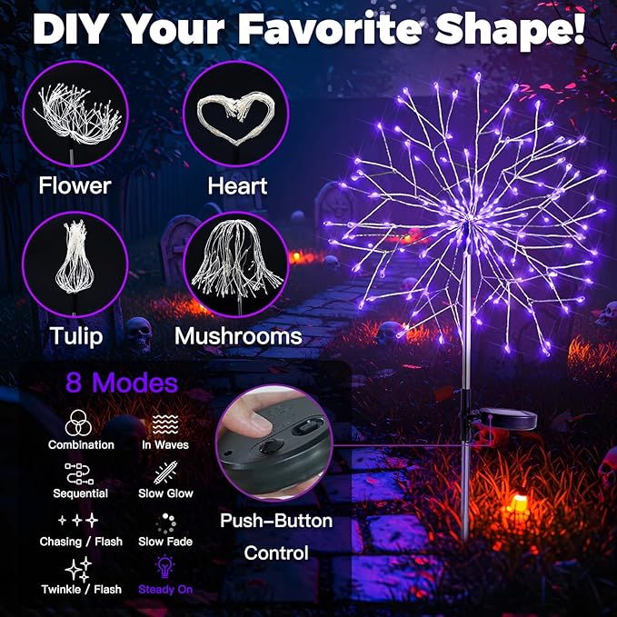 suddus 2 Pack Purple Halloween Lights Outdoor, 150LED Purple Solar Garden Lights with 8 Modes, Waterproof Solar Firework Light for Halloween Yard Garden Decorations