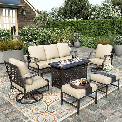 HERA'S HOUSE 6 Pieces Patio Furniture Set with Fire Pit Table, 2 x Swivel Chair, 2 x Ottoman, 3-Seat Sofa with 45" Fire Pit Table, Outdoor Conversation Set for Garden Poolside Backyard Deck