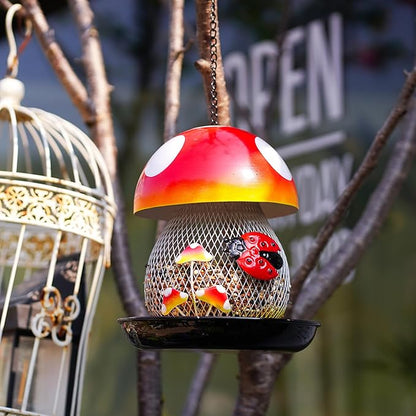 Mushroom & Ladybug Metal Bird Feeder - 16" Hanging Wild Bird Feeder with Decorative Accents, Large Capacity Outdoor Birdfeeder for Cardinals and Songbirds, Perfect Garden Gift
