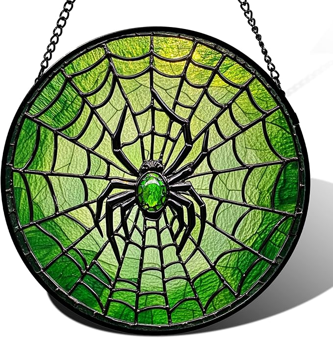 Stained Glass Window Hanging - Black Green Horror Spider Web Suncatcher for Doors Garden Patio Sun Catchers Decor Christmas Halloween Birthday Gifts for Women Men Mom Nana Friend 6.3 in