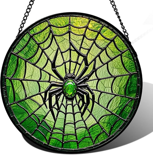 Stained Glass Window Hanging - Black Green Horror Spider Web Suncatcher for Doors Garden Patio Sun Catchers Decor Christmas Halloween Birthday Gifts for Women Men Mom Nana Friend 6.3 in