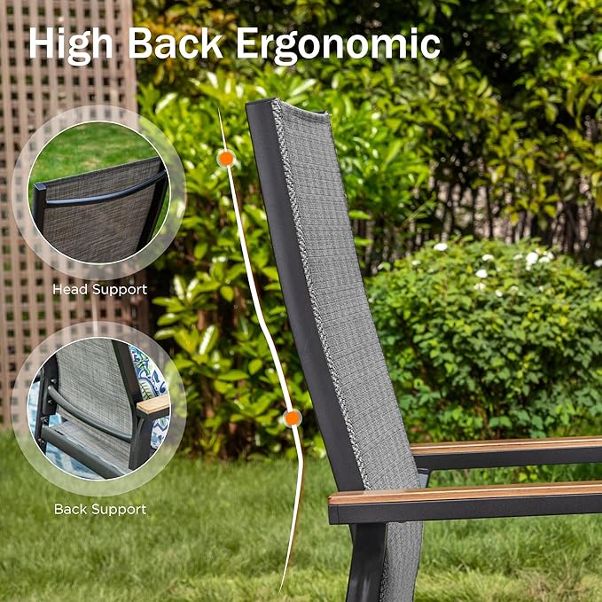 PHI VILLA Patio Dining Chairs Set of 4, Outdoor Lightweight Stackable Chair, All-Aluminum Frame and Sling Fabric, Wood-Like Armrest & Wider Seat for Deck Backyard Restaurant, Grey